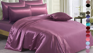 6-Piece Satin Duvet Set With 4 Pillows & Fitted Sheet - 15 Colours & 4 ...