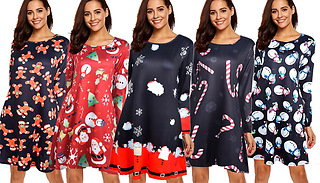 Christmas Long-Sleeve Swing Dress - 7 Colours & 5 Sizes