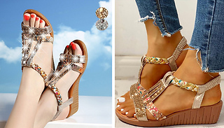 Jewelled Wedge Heel Open Toe Sandals - 2 Colours & 5 Sizes