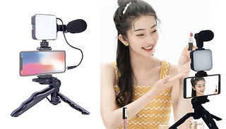 Vlogging Kit with Tripod, LED Light & Microphone - 3 Light Options!