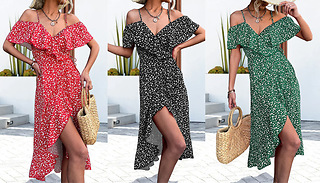 Ruffle Off-Shoulder Slit Print Dress - 3 Colours & 4 Sizes
