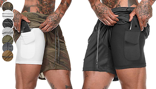 Men's Double Layer Secret Pocket Gym Shorts - 7 Colours & 5 Sizes