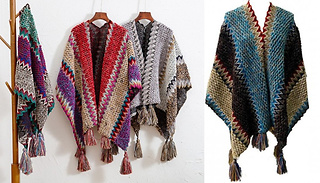 Women's Elegant Knit Boho Fringed Cape Shawl - 8 Colours