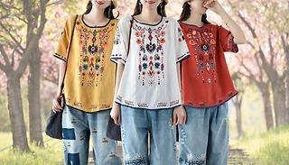Embroidered Short-Sleeve Tunic Top - 3 Colours & 6 Sizes
