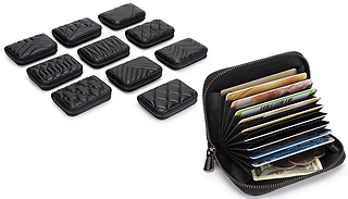 Black Genuine Leather 10-Slot Card Holder - 10 Designs