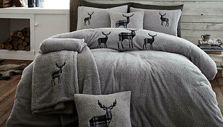 Stag Embroidered Teddy Fleece Double Duvet Set