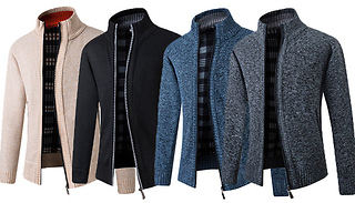 Men's Knitted Fleece-Lined Classic Collar Cardigan - 5 Sizes & 4 Colou ...