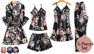 5-Piece Floral Satin-Look Pyjama Set - 3 Colours & 5 Sizes