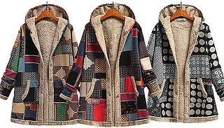 Patchwork Fleece-Lined Boho Hooded Jacket - 4 Colours & 7 Sizes