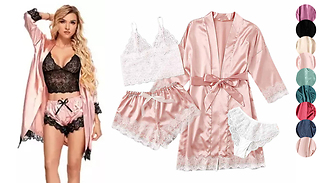 4-Piece Lace Trimmed Satin Pyjama Set - 9 Colours & 4 Sizes