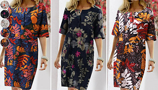 Round Neck Half-Sleeve Floral Print Dress - 5 Colours & 6 Sizes