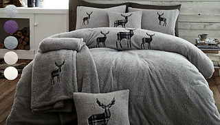 Stag Embroidered Teddy Fleece Double Duvet Set - 5 Colours