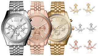 Chronograph Quartz Fashion Watch With Double-Drop Earrings - 3 Colours