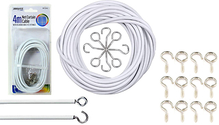 4m White Net Curtain Cable with Hooks and Eyes
