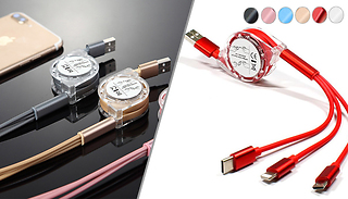 3-in-1 Multi USB Retractable Charger Cable - 7 Colours