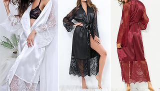 Full-Length Lace Detail Silky Dressing Gown - 3 Colours & 5 Sizes
