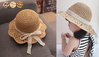 Kids Straw Bucket Hat with Lace Bowtie - 3 Colours