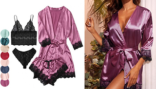 4-Piece Lace Trim Satin Sleepwear Set - 8 Colours & 5 Sizes