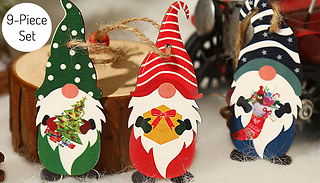 9-Piece Wooden Gnome Christmas Tree Ornament Set - 4 Designs