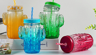 Cactus Mason Jar Drinking Cup with Straw - 4 Colours