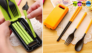 Portable Fork, Spoon & Chopstick Cutlery Set with Box - 4 Colours