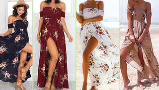 Off-Shoulder Floral Side Slit Maxi Dress - 4 Colours & 5 Sizes