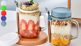 Set of 2 Overnight Oats Jars with Lids & Spoons - 5 Colours