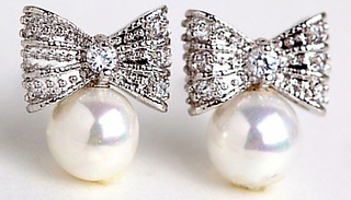 Crystal Bow Pearl Inspired Stud Earrings