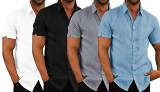 Lapel Collar Short Sleeve Linen Shirt - 4 Colours & 5 Sizes