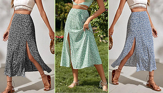 Ditsy Daisy Floral Side Split Midi Skirt - 3 Colours & 6 Sizes