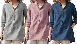 Grandfather Collar Casual Shirt Blouse - 3 Colours & 5 Sizes
