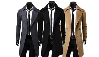Mens Double-Breasted Long Coat  3 Colours & 5 Sizes