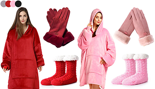 Wearable Blanket Hoodie, Slipper Socks, and Gloves - 4 Colours
