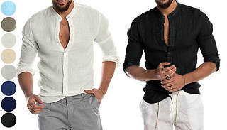 Mens Summer Linen Collarless Shirt - 8 Colours & 3 Sizes