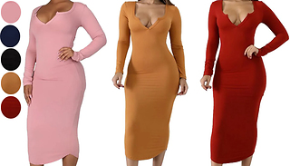 V-Neck Long Sleeved Slim Dress - 5 Colours & 4 Sizes