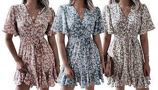Women's V-Neck Short Sleeve Mini Summer Dress - 3 Colours & 6 Sizes