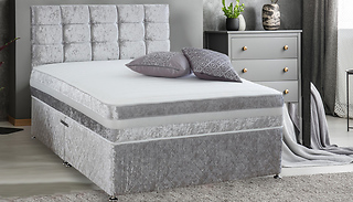 Grey Crushed Velvet Divan Bed with Ortho Memory Foam Mattress - 6 Size ...
