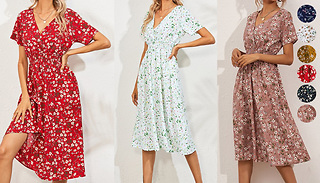 Midi Wrap-Over Short Sleeve Summer Dress - 7 Colours & 3 Sizes