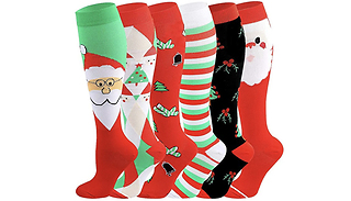 3 or 6-Pack of Christmas Compression Socks - 2 Sizes