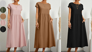 Short Sleeve Full-Length Linen Maxi Dress - 5 Colours & 5 Sizes