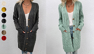 Long Knitted Cardigan with Buttons - 7 Colours & 4 Sizes
