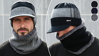 Men's Knitted Beanie with Brim Cap and Neck Warmer - 3 Colours