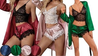 3-Piece Womens Satin Lingerie Pyjamas - 4 Colours, 5 Sizes