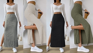 Split Thigh High Waist Ribbed Skirt - 4 Colours & 6 Sizes