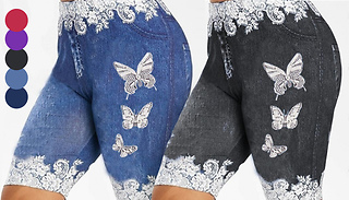 Stretchy Denim Butterfly Shorts With Lace Hem - 5 Colours & 6 Sizes