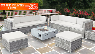 8-Seater Deluxe Rattan Garden Furniture Sofa, Stool, and Firepit Set