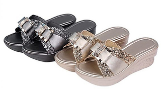 PU Leather Bow Glitter Wedge Sandals - 2 Colours & 6 Sizes