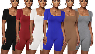 Women's Square Neck Ribbed Knit Bodycon Playsuit - 6 Colours & 4 Sizes
