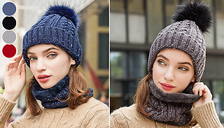 Knitted Pom Pom Beanie & Neck Warmer - 3 Colours