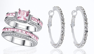2.5ct Pink Simulated Sapphire Princess Ring Set and FREE CZ Crystal Ho ...